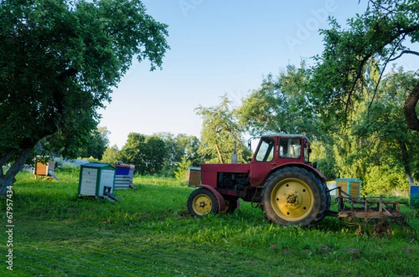 Obraz rural farm tractors in summer garden to the hive