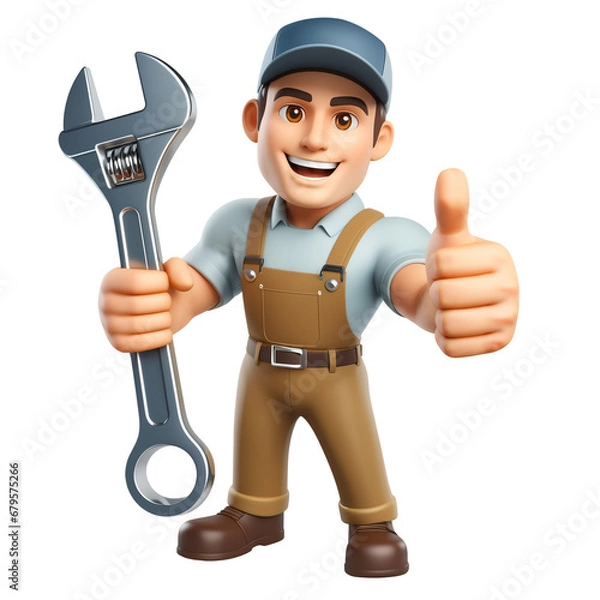 Fototapeta Smiling Auto Mechanic, cartoon 3d style character, showing thumbs up, isolated, transparent PNG.