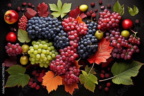 Fototapeta Lebensmittel
 knolling. Gesunde natürliche Bio-Lebensmittel. Frisches Obst mit Trauben
 knolling Zusammensetzung. Flat Lay Ansicht von Lebensmitteln