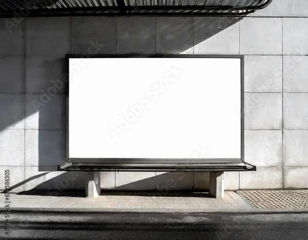 Fototapeta The billboard on the bus stop wall is clean and white with space for text.