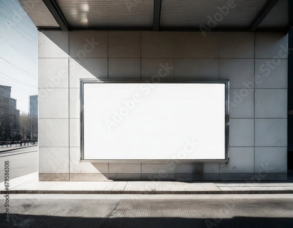 Fototapeta The billboard on the bus stop wall is clean and white with space for text.