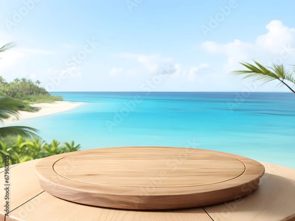 Obraz Empty wooden round platform on the table top with tropical beach background2.