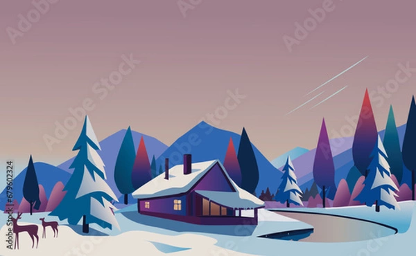 Fototapeta Winter wooden cottage, cabin surrounded by trees and snow, cosy winter landscape, deers, holiday season but not necessarily related to Christmas