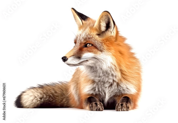 Fototapeta Red fox, Vulpes vulpes, lying isolated on white background