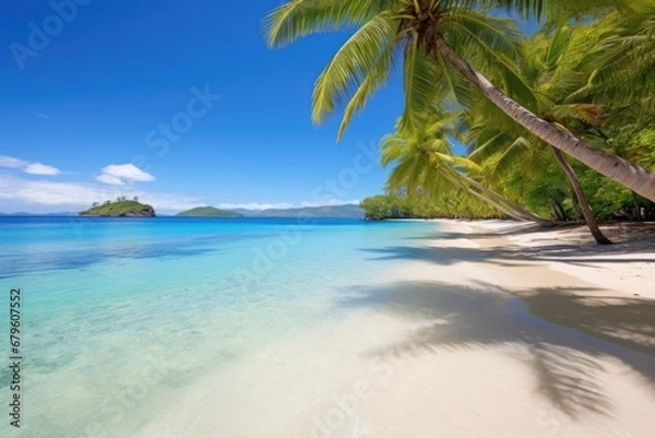 Fototapeta a pristine tropical beach with palm trees and crystal blue water