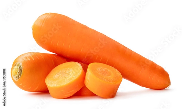 Fototapeta Two fresh orange carrots with slices in stack isolated on white background with clipping path and shadow in png file format Close up of healthy vegetable root