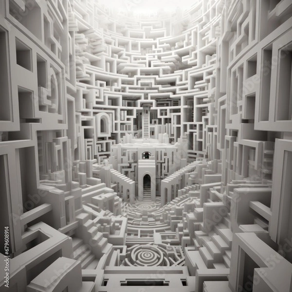 Fototapeta Escher-inspired 3d visual of a complex architectural maze with endless hallways and staircases