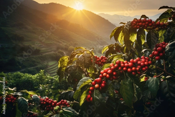 Fototapeta branch of ripe red coffee beans growing in mountain at sunset