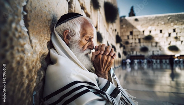 Fototapeta Orthodox Jew Wearing a Kippah Praying at Wailing Western Wall in Jerusalem, Israel, Old Town. Ancient Temple Mount is a major Jewish sacred place, Wall of Crying. Religious Man. generative ai