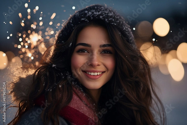 Fototapeta Firework show midnight new year night young people watching amazing show Generative AI picture