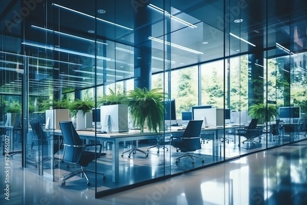 Obraz Empty bright modern glass office behind workplaces, computers without people