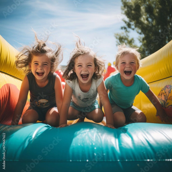 Obraz Bouncing into Bliss: Cheerful Kids on the Inflatable Adventure
