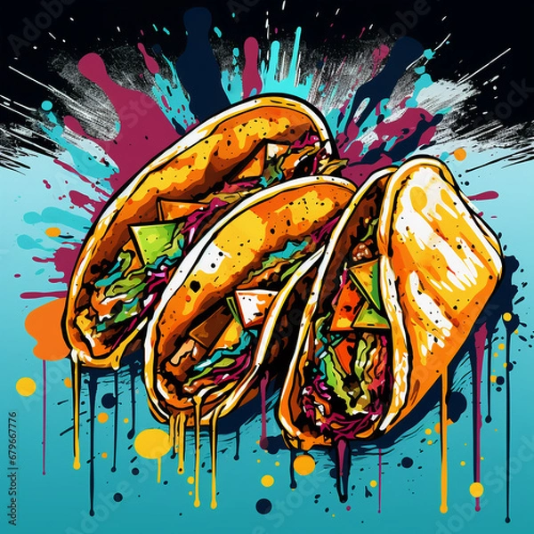 Fototapeta vibrant pop art tacos executed in rich colors with dripping paint and graffiti elements
