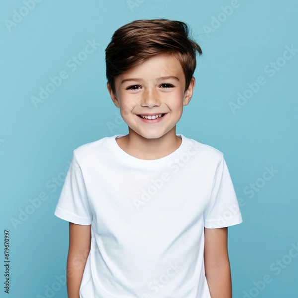 Obraz Cute smiling boy in plain white t shirt looking at camera in isolated studio light blue color background, ai technology