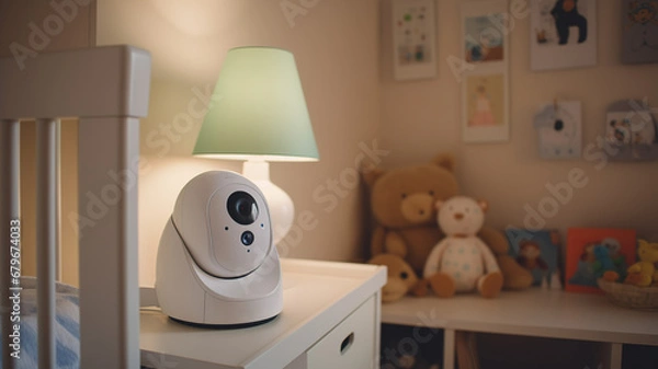Fototapeta Video camera CCTV for control baby near crib with child room