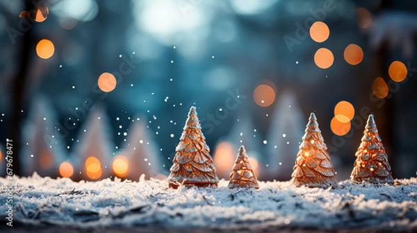Obraz Christmas decoration on snow in winter forest. Christmas background with bokeh lights. Generative AI technology.