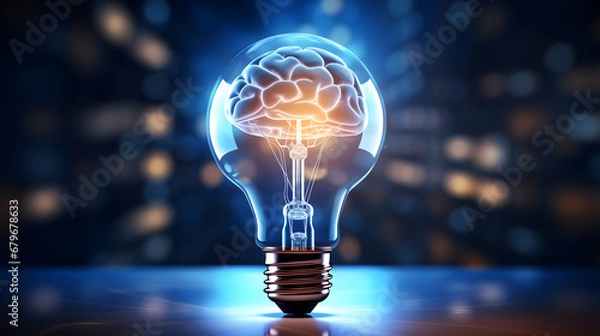Obraz Creative idea concept with light bulb and blue shiny brain