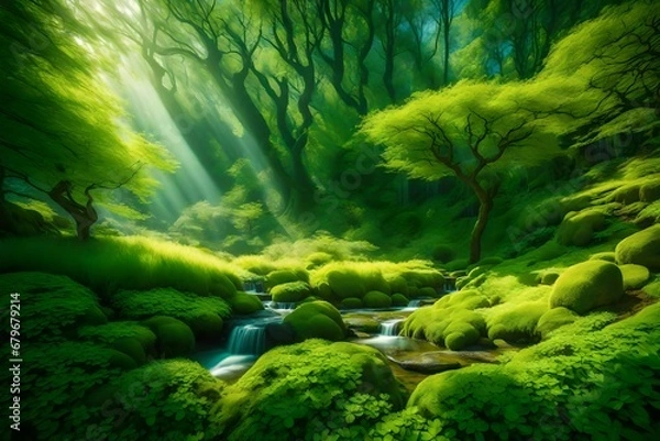 Fototapeta stream in the forest, greenery, sunlight in the forest, nature, view,  