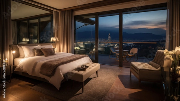 Fototapeta Modern luxury bedroom with a large double bed with panoramic windows overlooking the cityscape, panorama. High building. Accommodation in a hotel or apartment.
