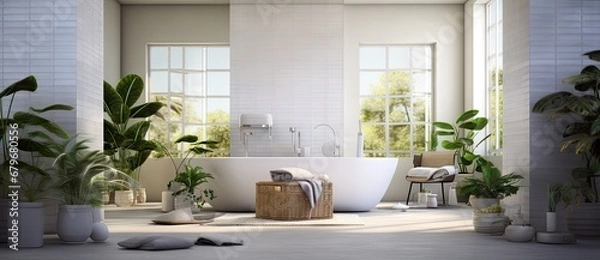 Fototapeta A Luxurious Oasis: The Serene White Bathtub Amidst a Tranquil Bathroom Created With Generative AI Technology