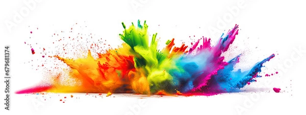 Fototapeta Powerful explosion of colorful rainbow holi powder on transparent background. Colorful splash. Saturate paint backdrops, powder splash. Panorama background.