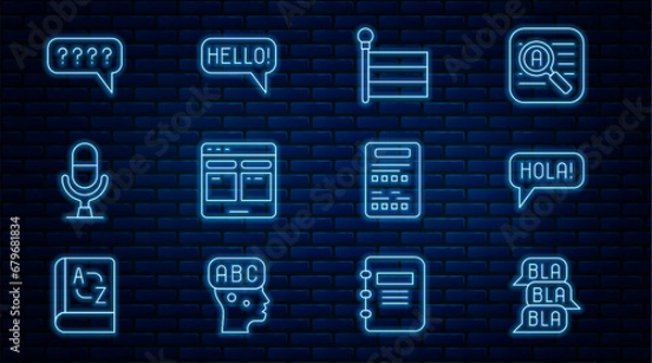 Fototapeta Set line Speech bubble chat, Hola in different languages, Flag, Online translator, Microphone voice device, bubbles with Question, Exam sheet and Hello icon. Vector