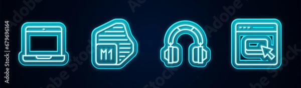 Fototapeta Set line Laptop, Processor, Headphones and Browser files. Glowing neon icon. Vector