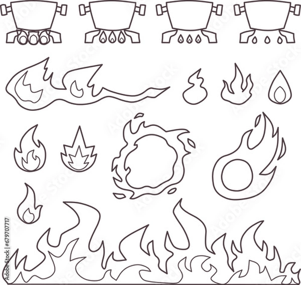 Fototapeta 色々な形の炎の線画セット