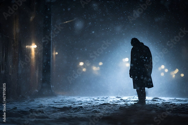 Obraz A lone homeless person trudges through a blizzard on a city street, with lights diffused by the heavy snow.