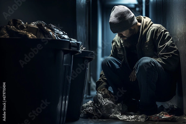 Obraz A forlorn homeless man rummages through a trash bin in a dimly lit alley, a stark portrayal of urban poverty and desperation
