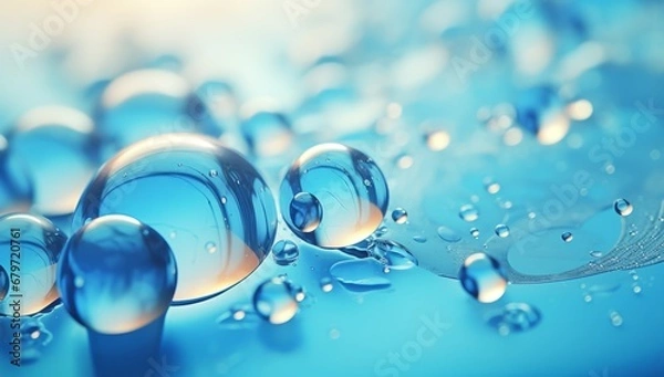 Fototapeta A Serene Symphony: Close-Up of Glistening Water Droplets on a Vibrant Blue Surface