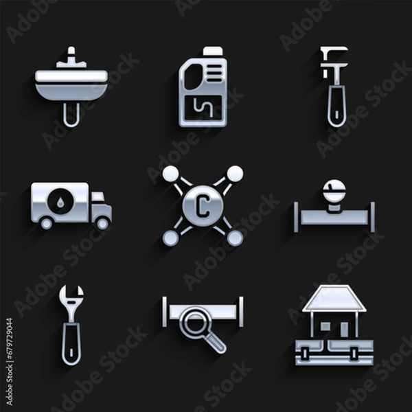 Fototapeta Set Water tap, Industry metallic pipe, supply pipes, and manometer, Wrench spanner, Plumber service car, Pipe adjustable wrench and Washbasin icon. Vector