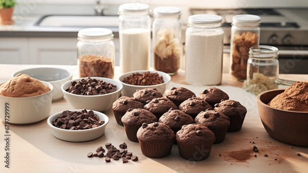 Obraz 明るいキッチンのテーブルに手作りチョコレートマフィンと材料が並んでいる