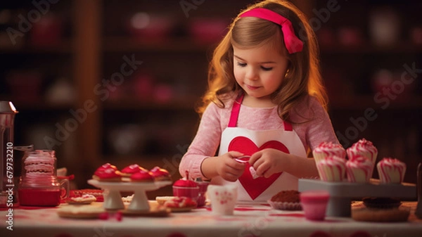 Obraz ハートのエプロンをしてお菓子作りをする女の子