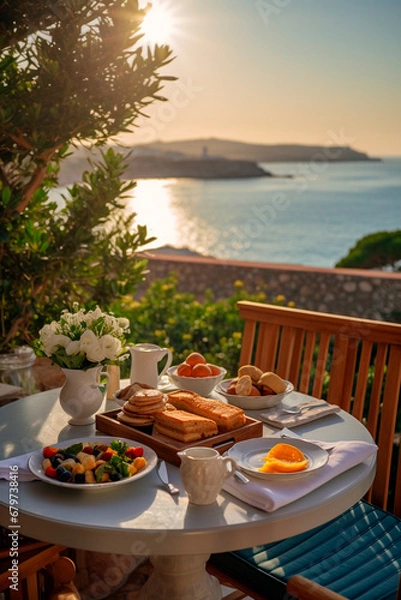 Fototapeta Resort table with fir tree overlooking the sea. Generative AI,