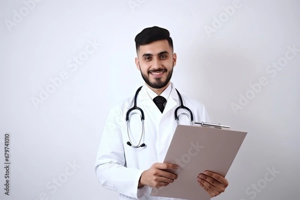 Fototapeta Portrait of smiling doctor in uniform holding clipboard, looking at camera and smiling, friendly therapist man with stethoscope posing on white-grey background