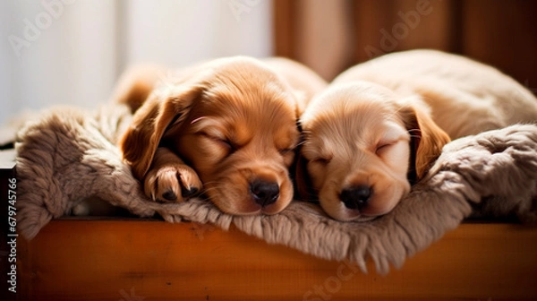 Fototapeta Two puppies are sleeping in bed. Generative AI,