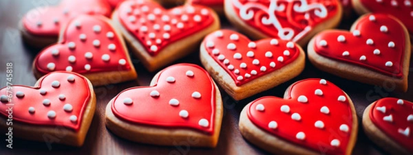 Fototapeta Cookies in the shape of hearts in glaze. Generative AI,