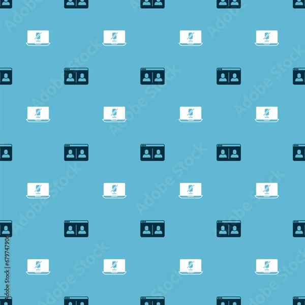 Fototapeta Set Video chat conference and Mute microphone laptop on seamless pattern. Vector