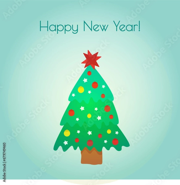 Fototapeta Star, decoration balls and light bulb chain decorated christmas tree. Flat style vector illustration. Merry Christmas, Happy New Year.