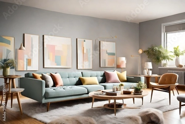 Fototapeta Paint a vivid picture of a modern living room in a mid-century modern-style home, showcasing the use of soothing pastel colors, sleek furniture, a fur blanket on a grey sofa near a coffee table 