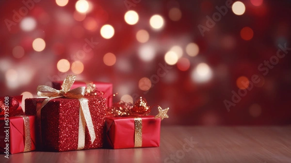 Obraz Colorful red lights bokeh background, Cute red gift boxes on the table with Chrismas lights bokeh