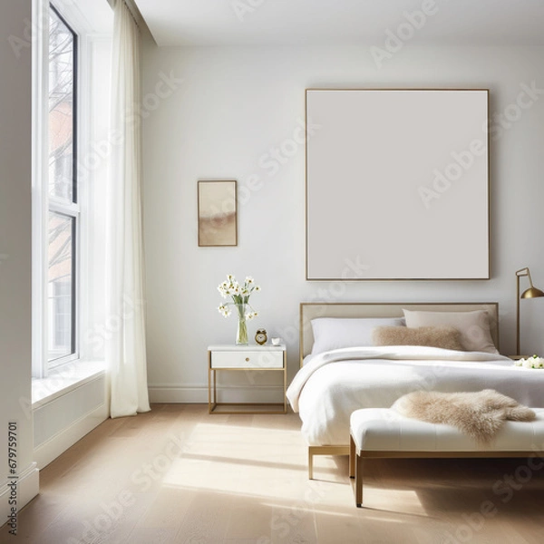 Fototapeta Upscale bedroom interior with empty canvas frame