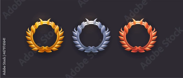 Obraz Set of game frames on black background. Gold, silver, bronze metal luxury ui frames template. Vector game ui cartoon empty circle user interface elements with metal border isolated button object