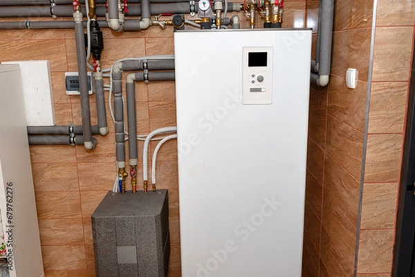 Obraz A modern air heat pump installed in the home's boiler room, visible plastic pipes and valves.