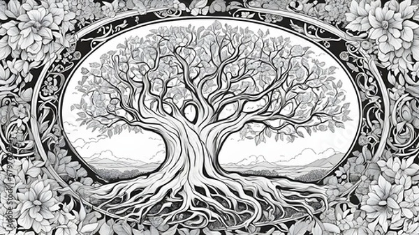 Fototapeta sketch of a tree with roots in black and white, coloring book page,     tree of life