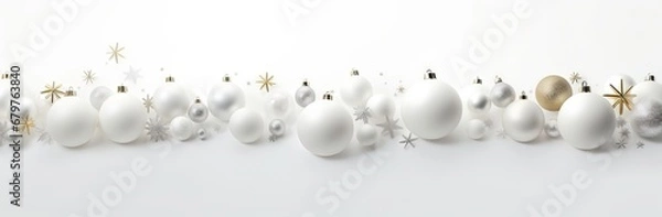 Fototapeta Silver and gold Christmas balls on white background with stars and sparkles. New year decoration, festive atmosphere concept. Banner with copy space