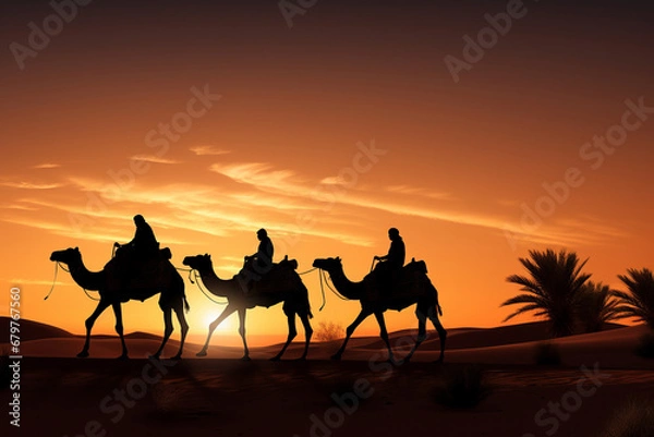 Fototapeta Silhouette of the three wise men traveling on camels to Bethlehem for the birth of baby Jesus