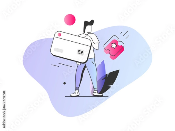 Fototapeta Character paying online and receiving promotion coupon. Payment process concept. Vector illustration to use in web and mobile app.
