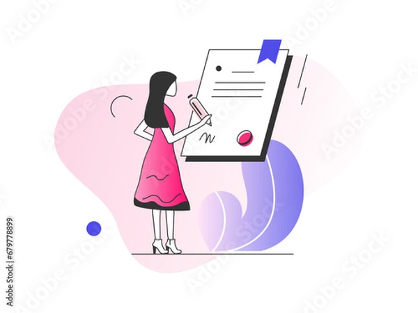 Fototapeta Character leaving signature on legal document with pen. Business deal, contract concept. Vector illustration to use in web and mobile app.